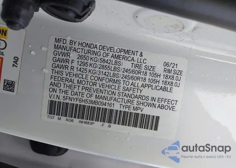 2021 Honda Pilot Awd Ex-L z USA, uszkodzony, nr VIN 5FNYF6H53MB094161